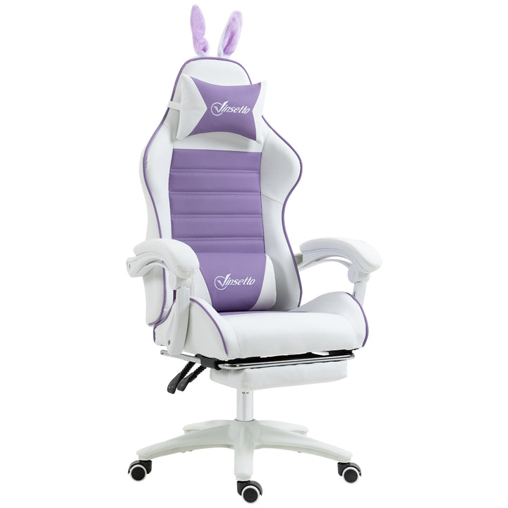 Gamingstol ergonomisk med lændestøtte, fodstøtte, pude med kaninører, lilla