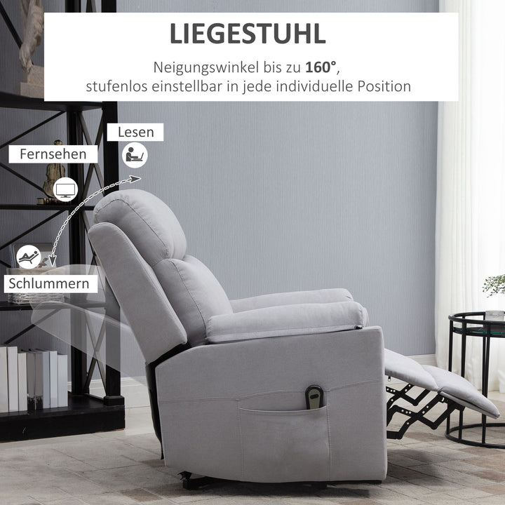 Elektrisk stol med hæve-sænkefunktion til seniorer, lænestol, tv-stol med sovefunktion og ståhjælp, tv-stol, lænefunktion, linned touch, lysegrå, 83 x 89 x 102 cm