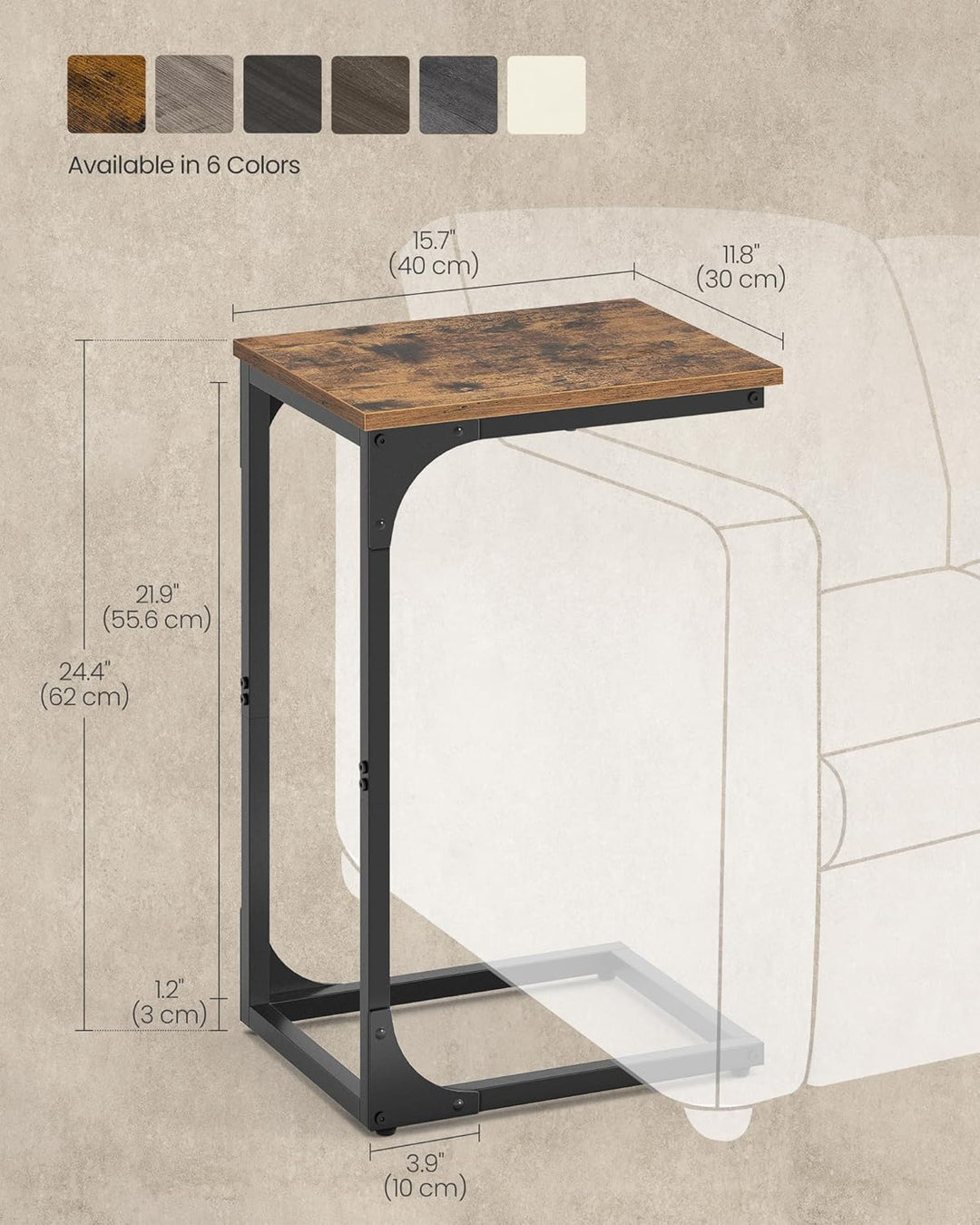 C-formet sidebord i rustik brun og sort med metalramme, mål 30 x 40 x 66,7 cm, pladsbesparende og nemt at skubbe ind under sofa eller seng