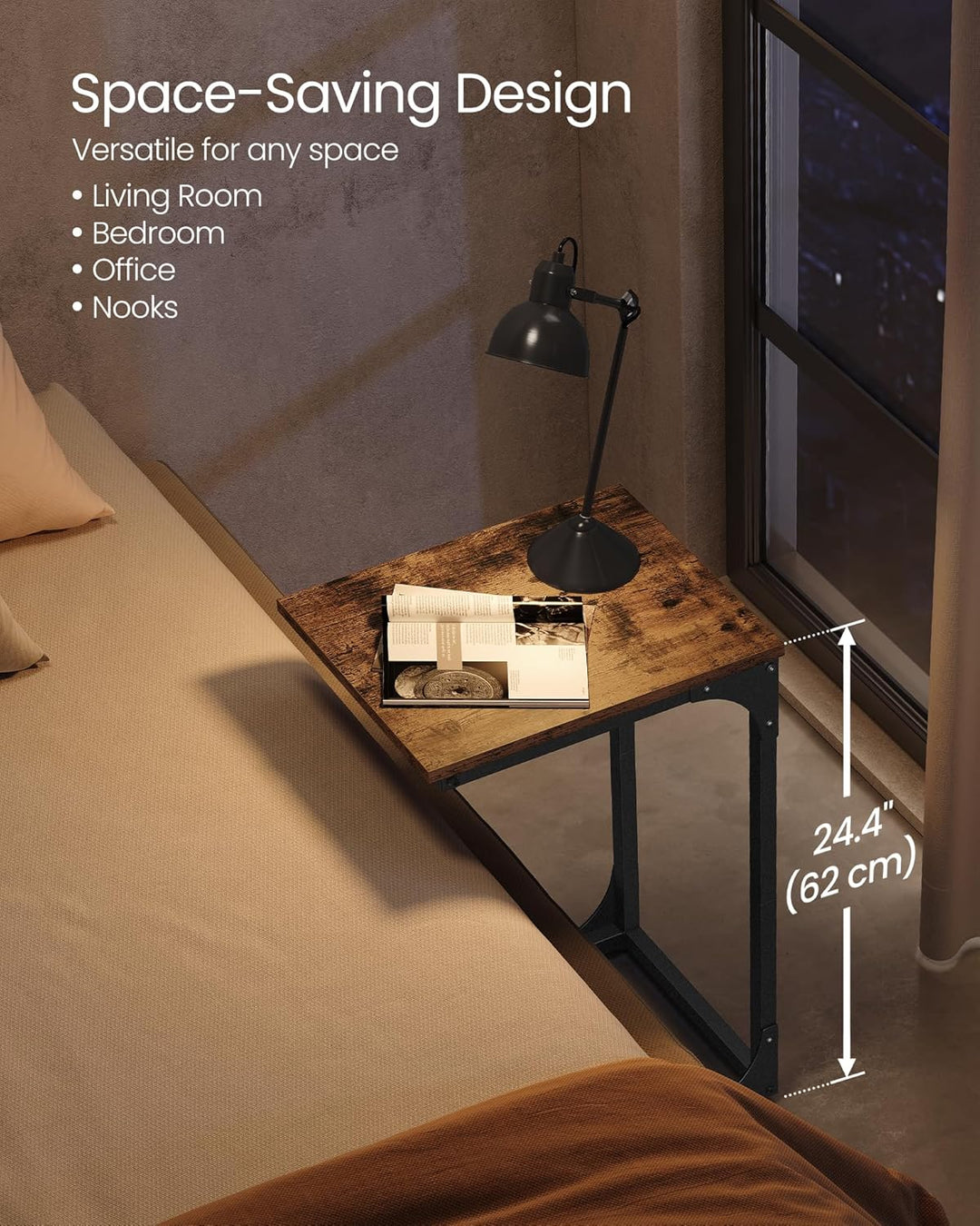 C-formet sidebord i rustik brun og sort med metalramme, mål 30 x 40 x 66,7 cm, pladsbesparende og nemt at skubbe ind under sofa eller seng
