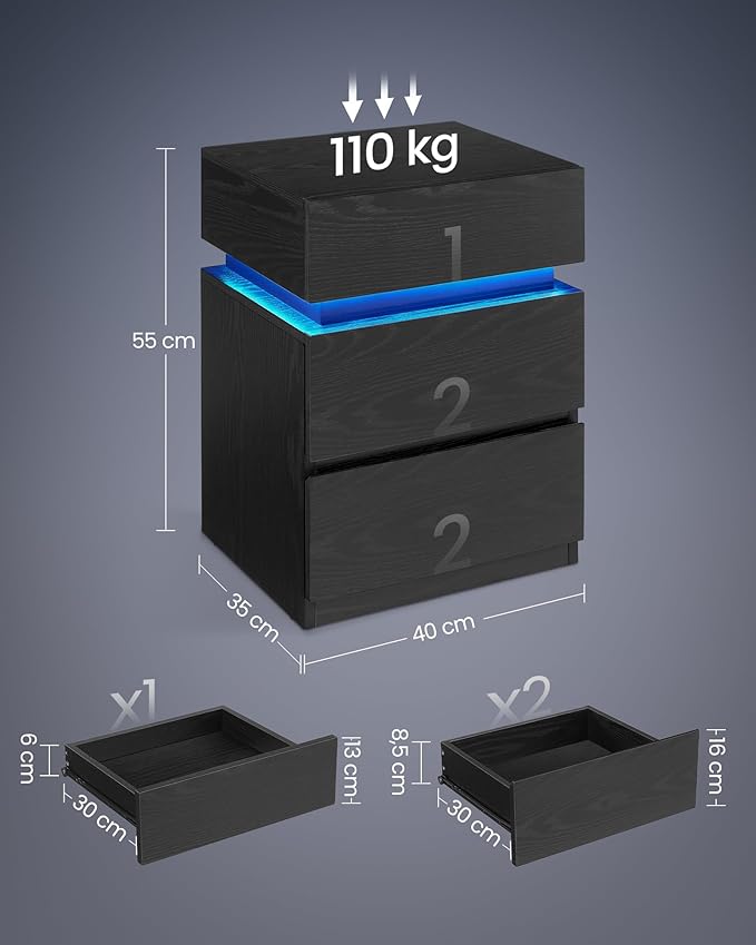 Sengebord med justerbar LED-belysning, 35 x 40 x 55 cm, sort