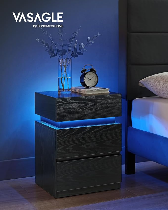 Sengebord med justerbar LED-belysning, 35 x 40 x 55 cm, sort