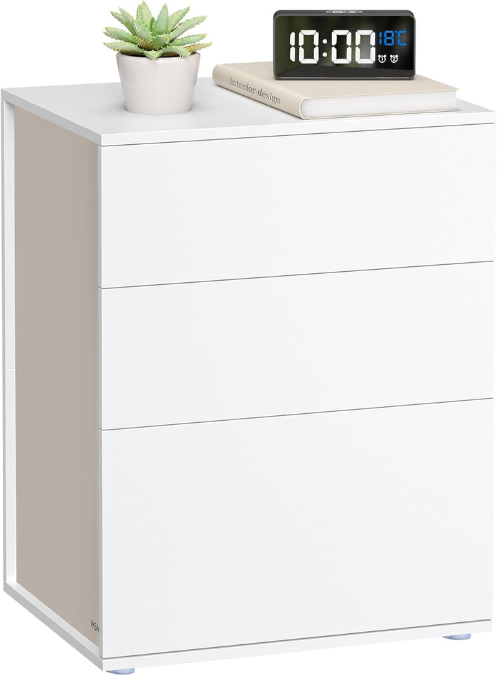 Natbord med 3 opbevaringsskuffer, moderne minimalistisk design i mat hvid og cappuccino beige, mål: 35 x 45 x 58,7 cm