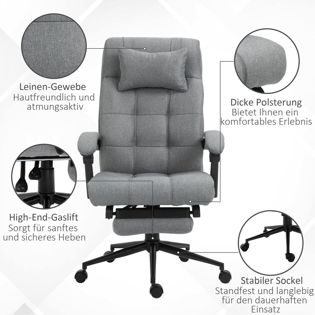 Kontorstol med nakkestøtte, armlæn, kontorstol med vippevinkel, højdejusterbar drejestol med fodstøtte, hør, skum, pvc, lysegrå, 66 x 76 x 112-120 cm