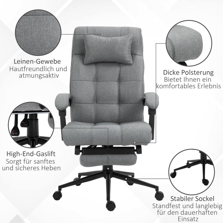 Kontorstol med nakkestøtte, armlæn, kontorstol med vippevinkel, højdejusterbar drejestol med fodstøtte, hør, skum, pvc, lysegrå, 66 x 76 x 112-120 cm