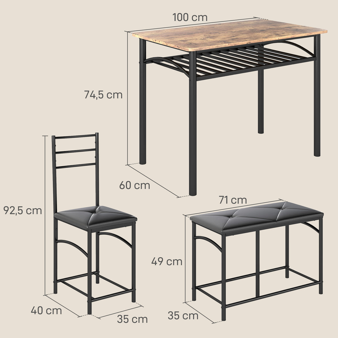 4-Delt spisebordssæt, pladsbesparende sæt med bord, 2 stole og bænk, til små rum, metal, træ, brun