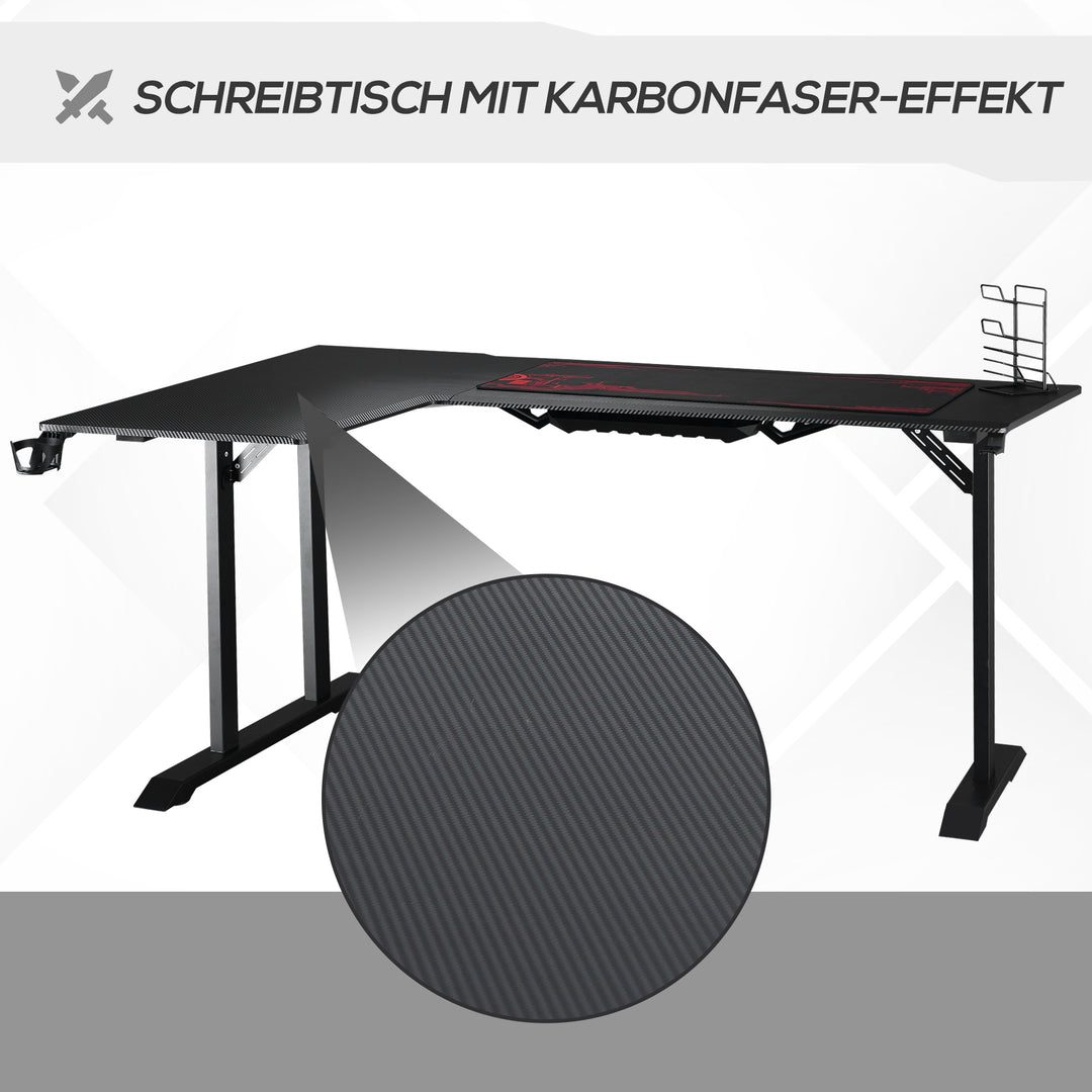 Gamingbord l-formet med hovedtelefonkrog kopholder computerbord mdf metal sort+rød 168 x 109 x 78 cm