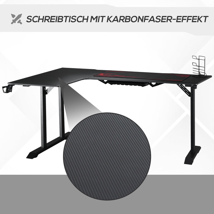 Gamingbord l-formet med hovedtelefonkrog kopholder computerbord mdf metal sort+rød 168 x 109 x 78 cm