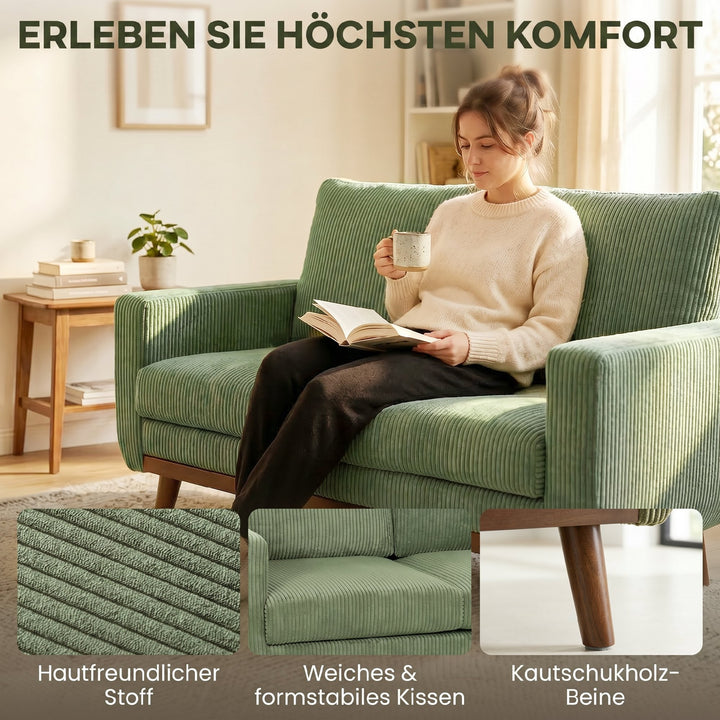 2-personers sofa, 134 cm fløjlssofa med pocketfjedre, tyk ryglæn, trælameldetaljer, grøn