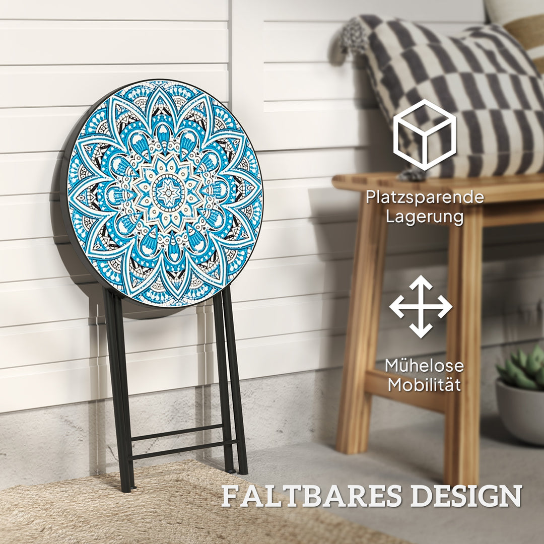 Mosaik havebord, foldbart rundt terrassebord med metalramme og keramisk bordplade, mosaikmønster, blå
