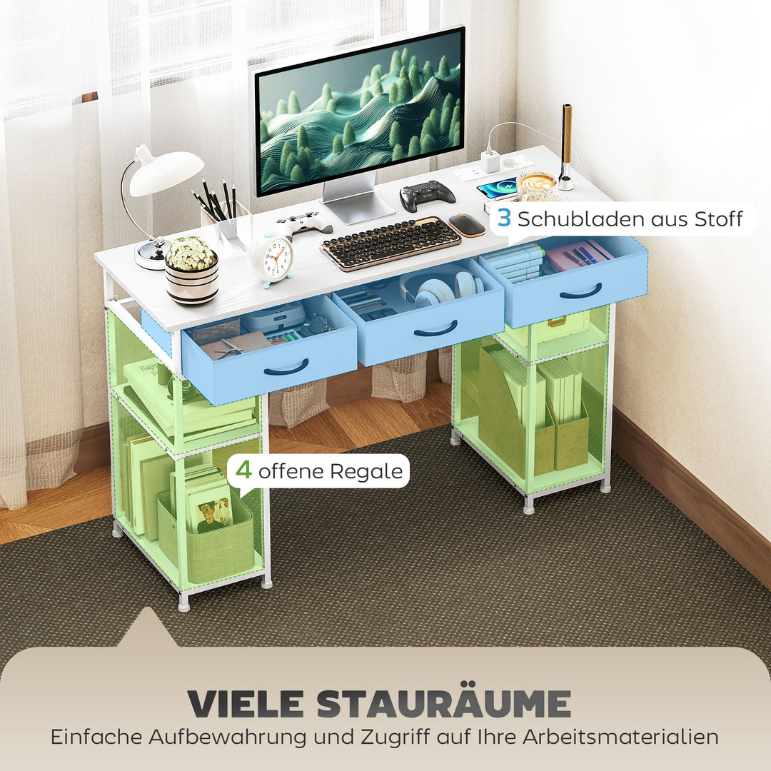 Køkkenbord med 2 USB-opladeporte, 2 stikkontakter, justerbare hylder, 3 stofskuffer, 120x40x76 cm, hvid