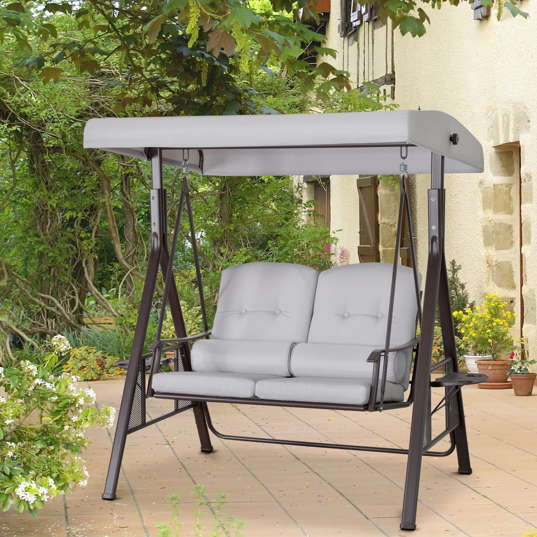 2-personers Hollywood gyngestol med solsejl, hynder, bakke, metal, polyester, grå, 162 x 118 x 173 cm