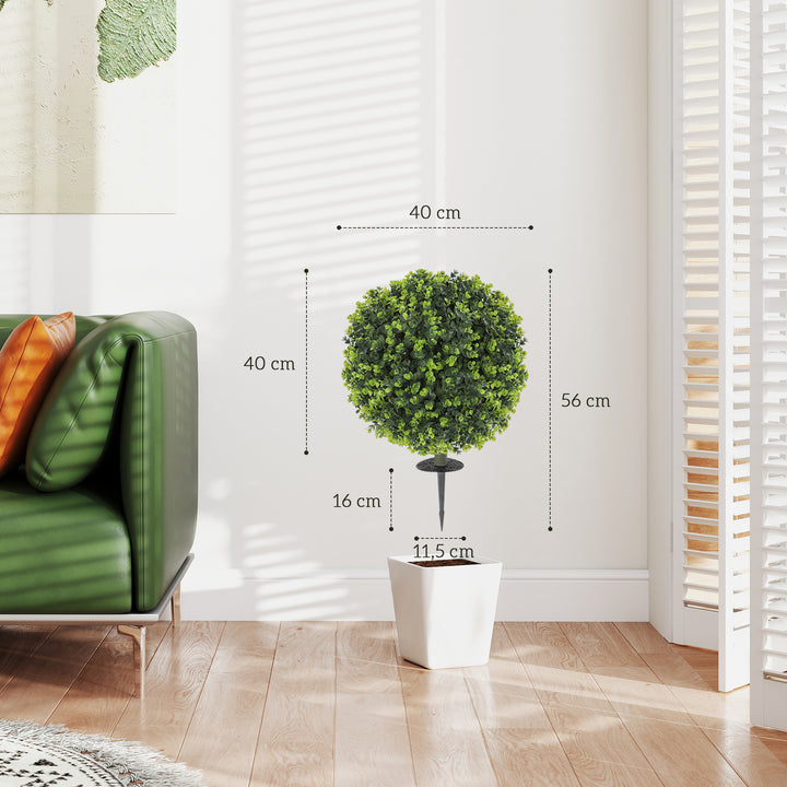 Sæt med 2 kunstige planter, kunstige buksbomkugler med jordpæl, til indendørs og udendørs brug, UV-bestandig, grøn