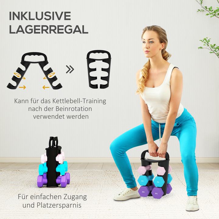 Håndvægtsæt med opbevaringsstativ, sæt med 6 håndvægte til fitnesstræning, 2 x 1 kg, 2 x 2 kg, 2 x 3 kg