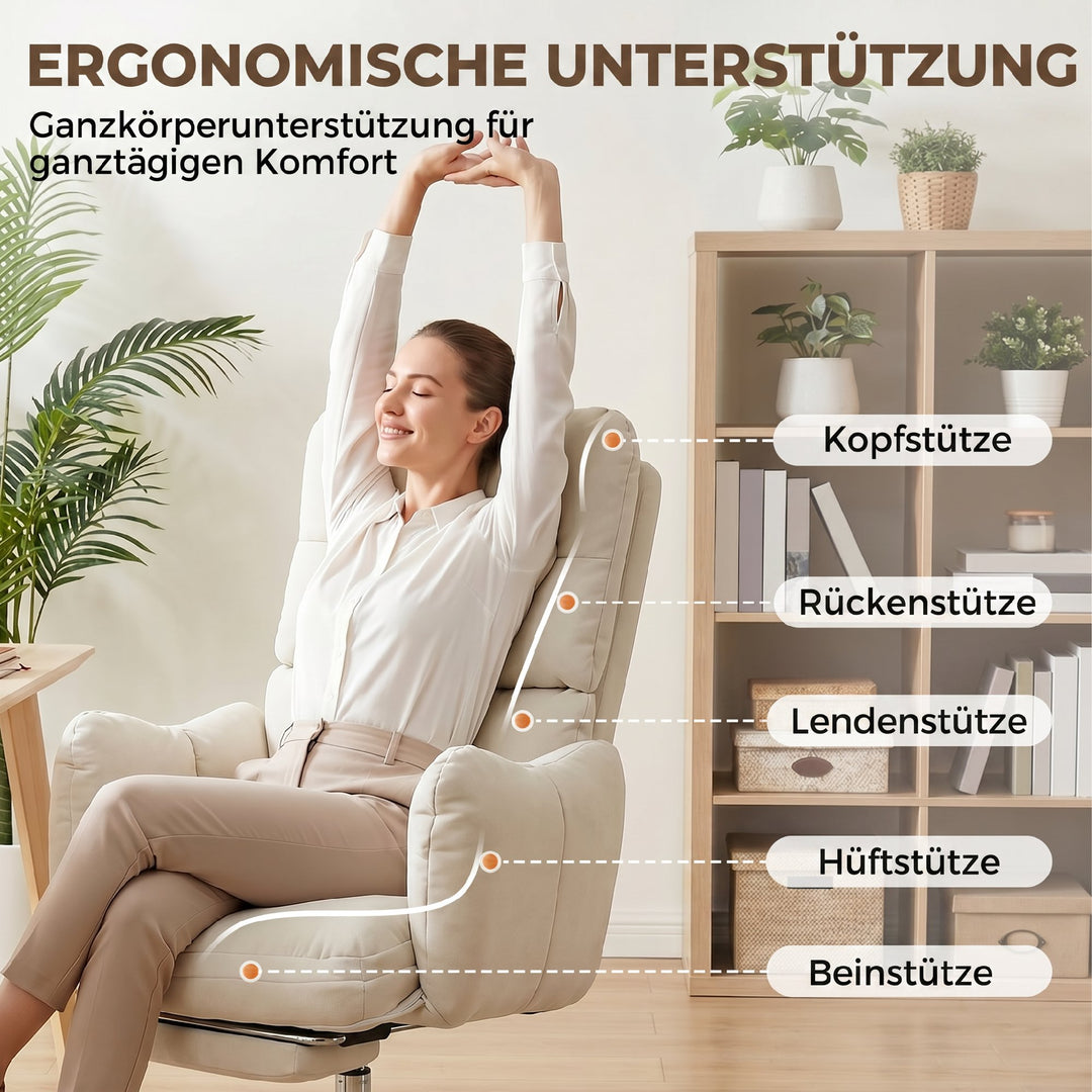Kontorstol med fodstøtte, ergonomisk drejestol med vippefunktion, justerbar høj ryglæn, sneflannelstof