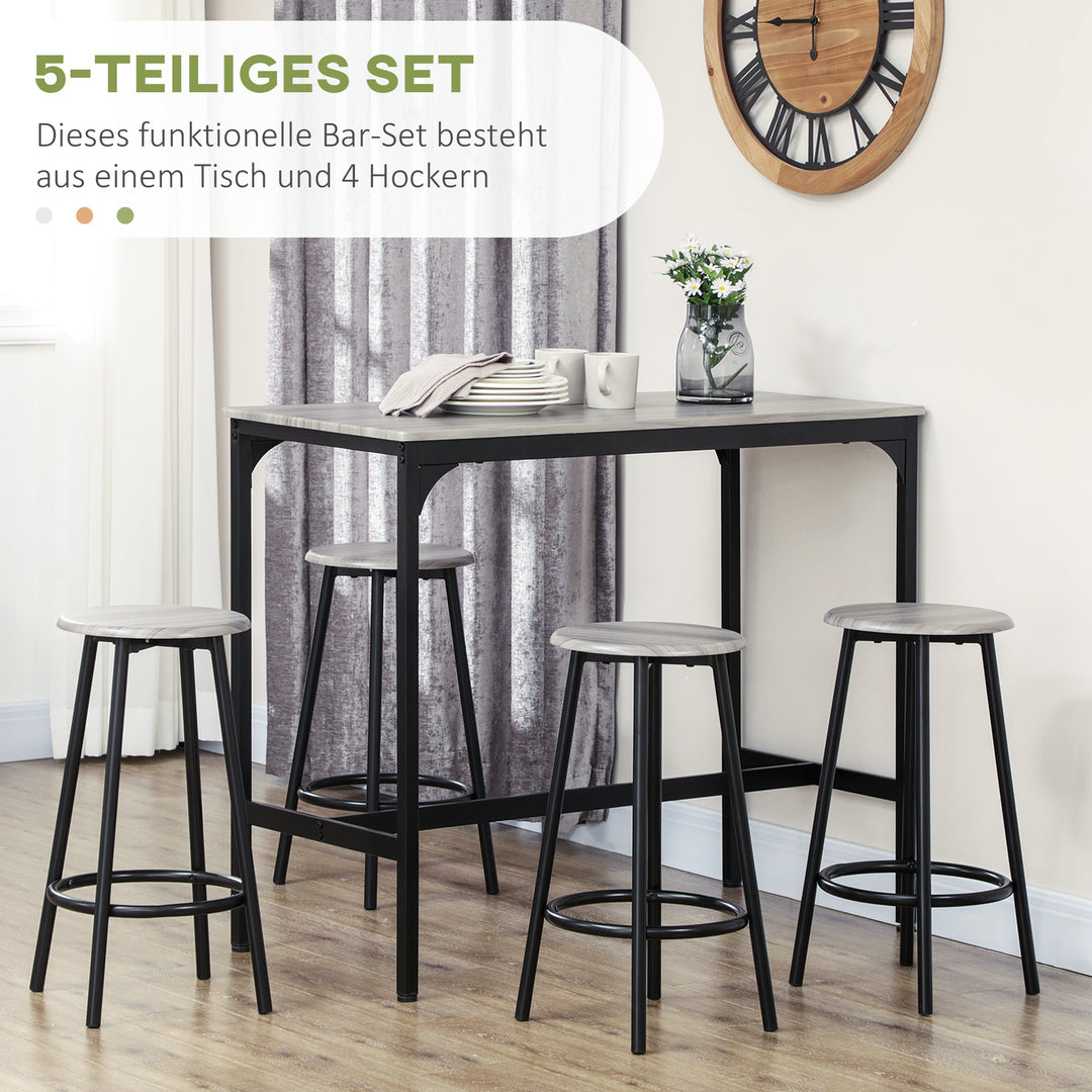 5-Delt barsæt med bord og 4 skamler, industrielt design, kompakt, rustikt