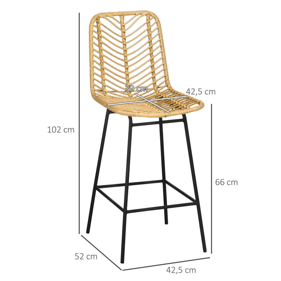 Sæt med 2 barstole med ryglæn, barstole i boho-design, pe-rattan, inklusive fodstøtte, 42,5 cm x 52 cm x 102 cm, gul + sort