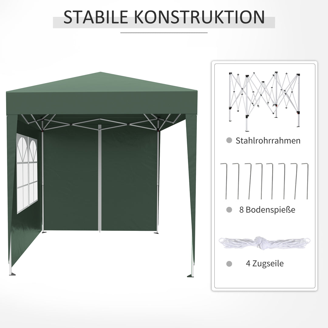 Foldbart pavillon, øltelt, 4 aftagelige sidepaneler, 2 vinduer, metalramme, 2 x 2m, mørkegrøn
