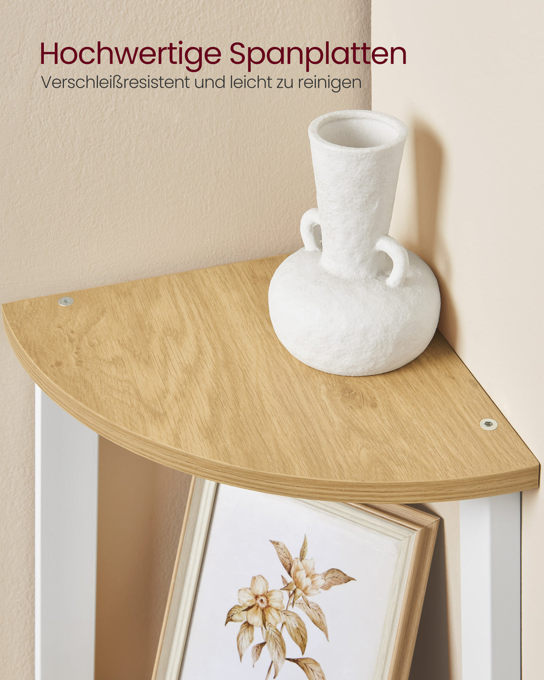 Hjørnereol med 4 trin i industrielt design, natur eg og mat hvid finish, mål: ca. 33,4 x 33,4 x 125 cm (D x B x H)