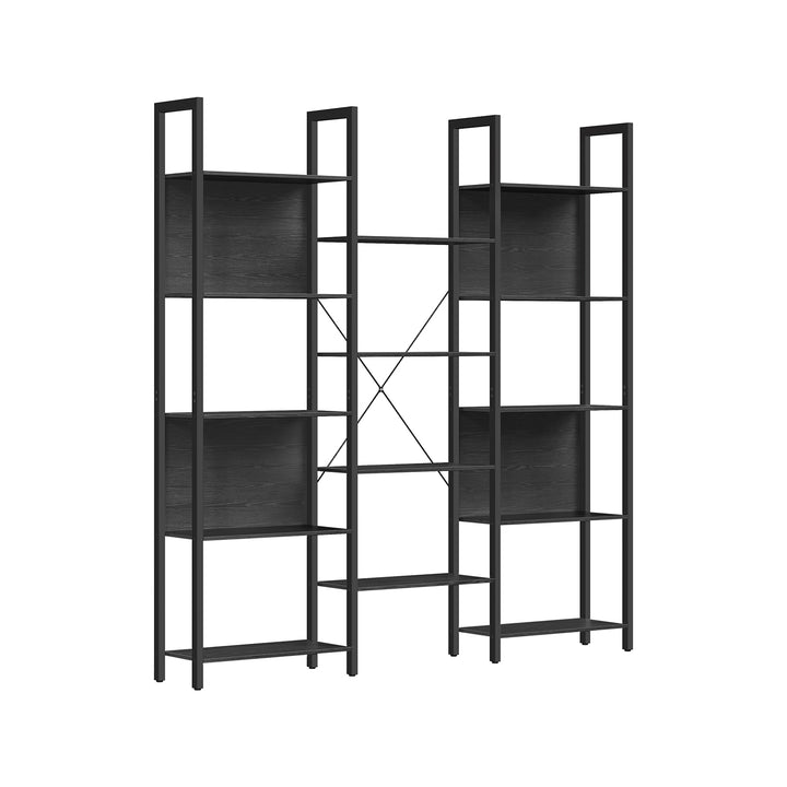 Bogreol med 14 hylder og metalramme i industrielt design, 24 x 158 x 166 cm, sort