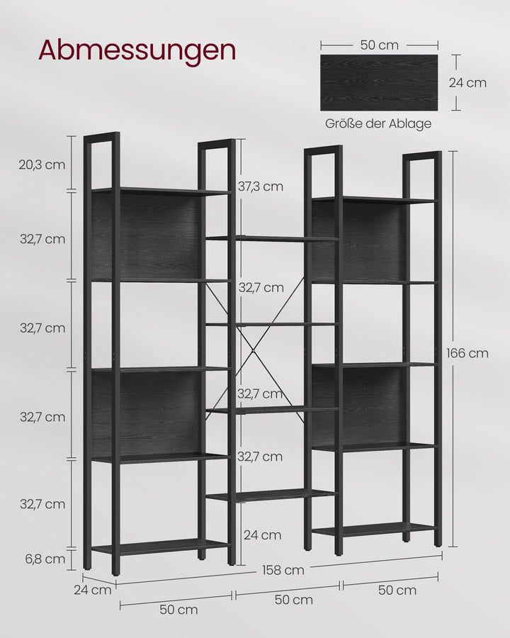 Bogreol med 14 hylder og metalramme i industrielt design, 24 x 158 x 166 cm, sort