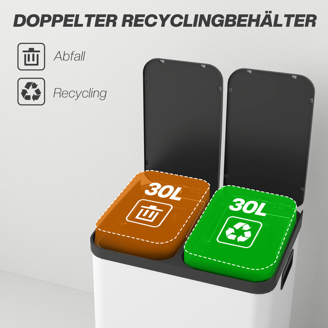 Dobbeltrums affaldsbeholder, 2 x 30L, fingeraftryksresistent, pedal, aftagelige indvendige spande, grå