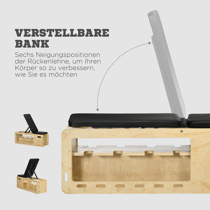 Vægtbænk med vægtstativ, 1 opbevaringskurv, justerbar i 6 positioner, massivt træ, naturlig + sort