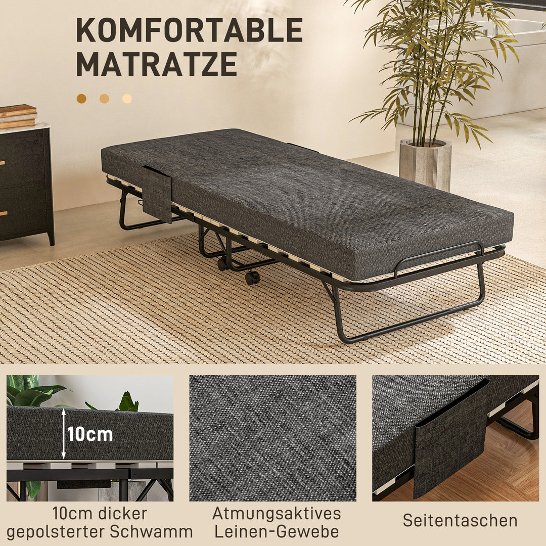 Klapseng med madras, 4 hjul, metalramme, op til 150 kg, 190 x 80 x 42 cm, mørkegrå
