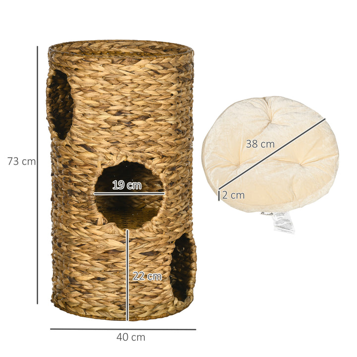 3-Etagers boho kattehule med 3 indgange og hynde, 40 cm x 40 cm x 73 cm, lysebrun + cremehvid