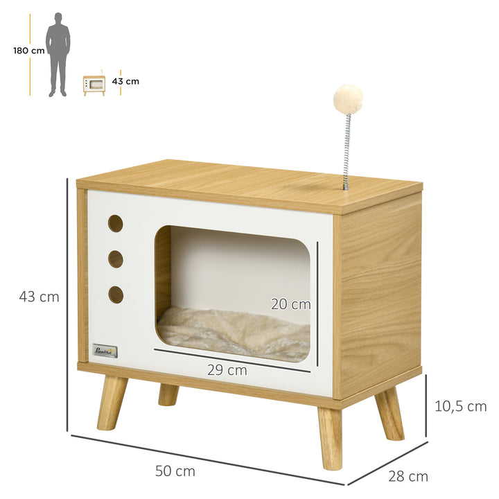 Kattehule i tv-design inklusive legetøj, vaskbar pude, 50 cm x 28 cm x 43 cm, eg + beige + hvid