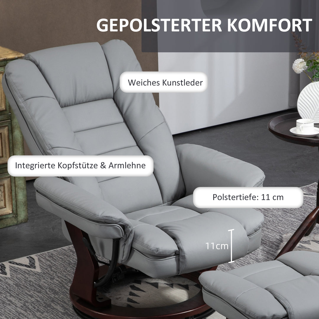 Lænestol med fodskammel, drejestol, ryglæn med justerbar justering, læderlook, op til 130 kg, grå