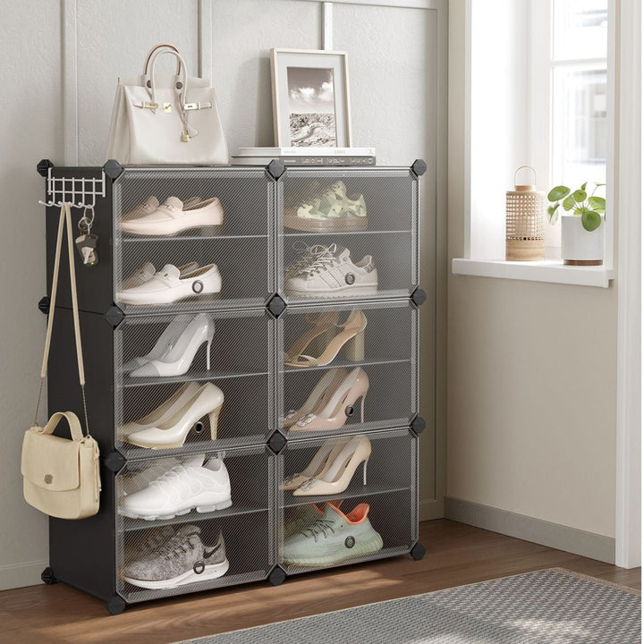 Skoskab i plastik med stålramme og døre, 6 rum, modulært system, sort, 30 x 40 x 30 cm pr. rum