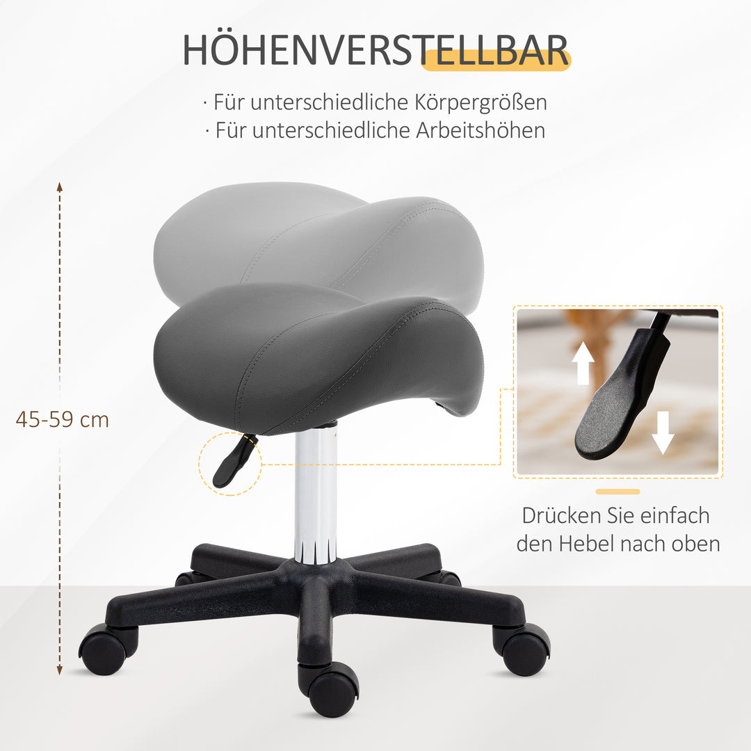 Rulletabur, sadelformet sæde, højdejusterbar, 360° drejelig, kunstlæder, grå, 48 x 47 x 45-59 cm