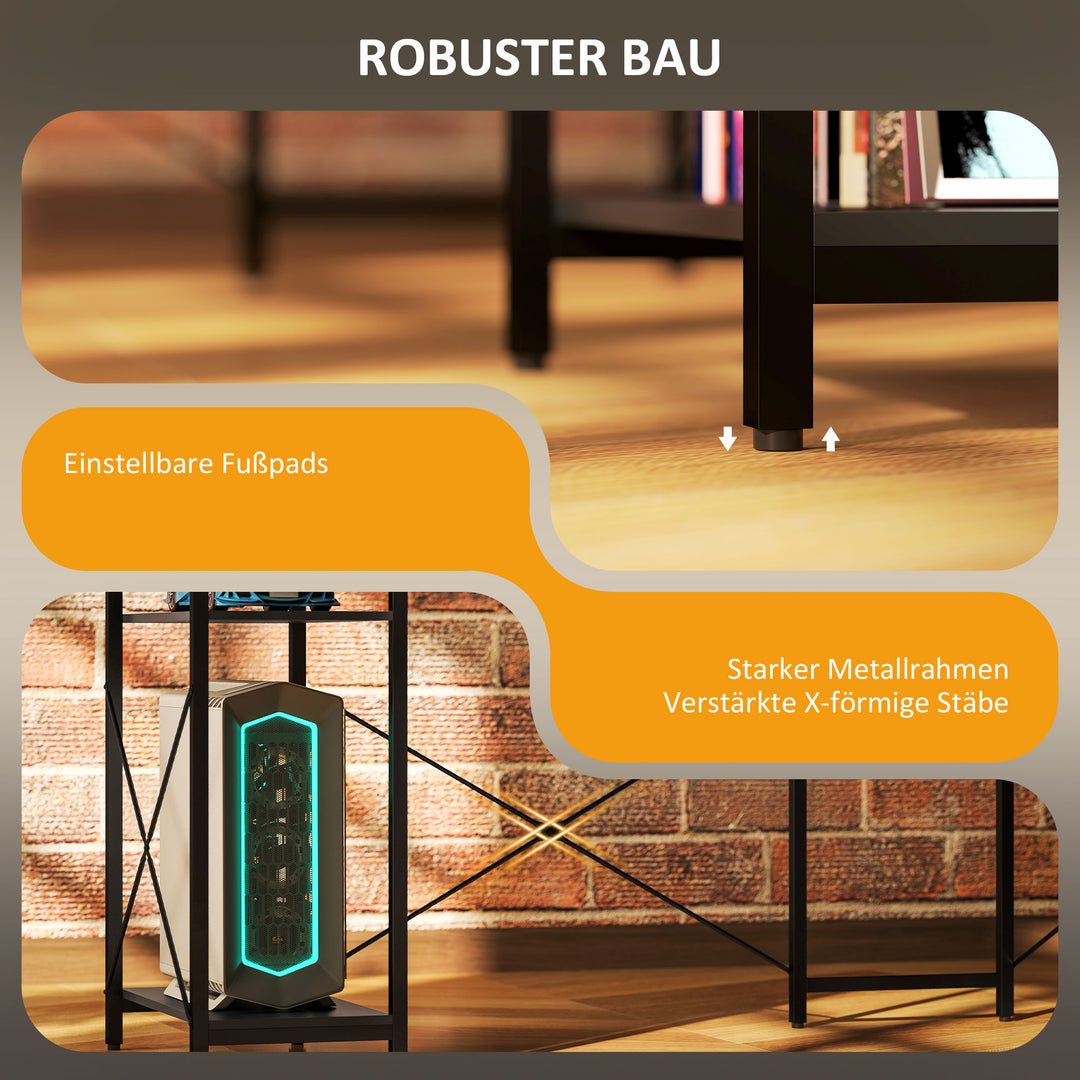 L-formet skrivebord med ladestation, hjørnecomputerbord med skærmstativ og hylder, til hjemmekontor, kontor, sort