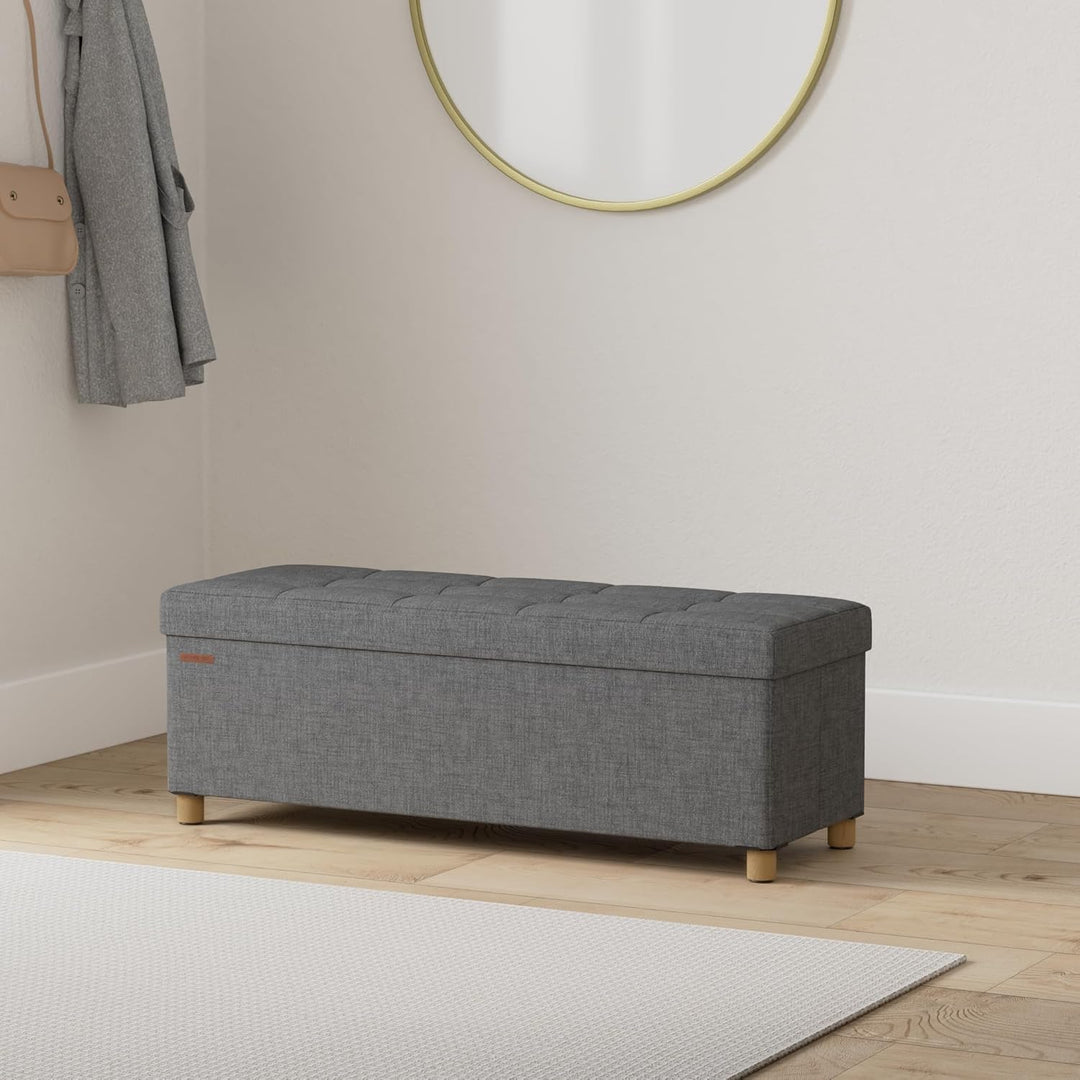 Foldbar opbevaringspuf i skifergrå, 38 x 110 x 40 cm, med opbevaringsrum og bæreevne op til 300 kg