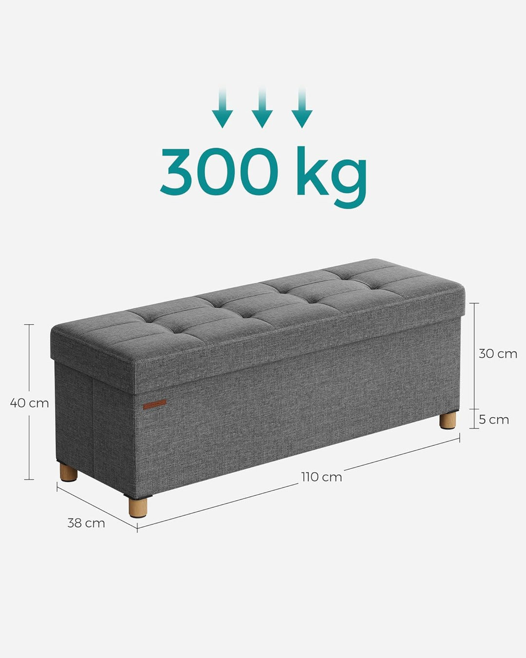 Foldbar opbevaringspuf i skifergrå, 38 x 110 x 40 cm, med opbevaringsrum og bæreevne op til 300 kg
