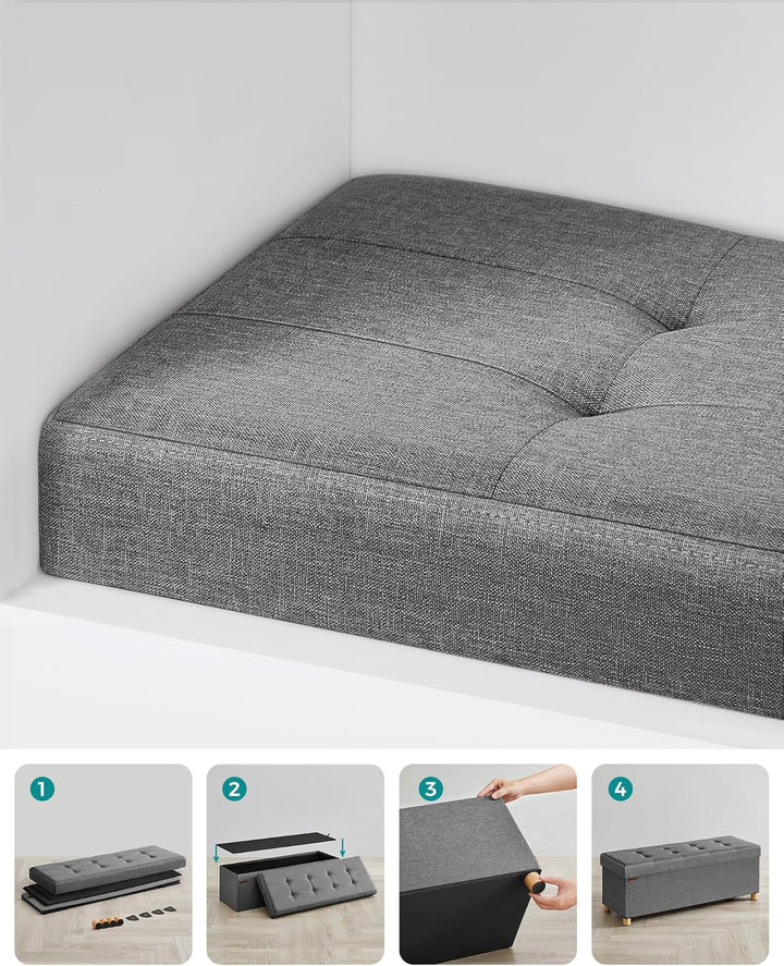 Foldbar opbevaringspuf i skifergrå, 38 x 110 x 40 cm, med opbevaringsrum og bæreevne op til 300 kg
