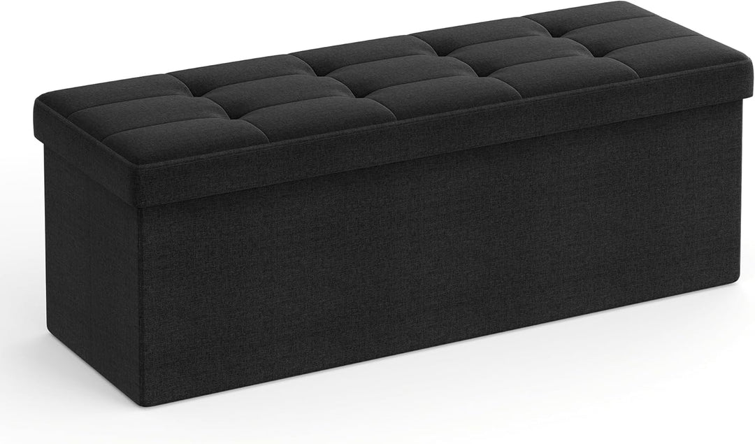Foldbar opbevaringspuf i blæk sort med opbevaringsrum, mål 38 x 110 x 38 cm, bæreevne op til 300 kg