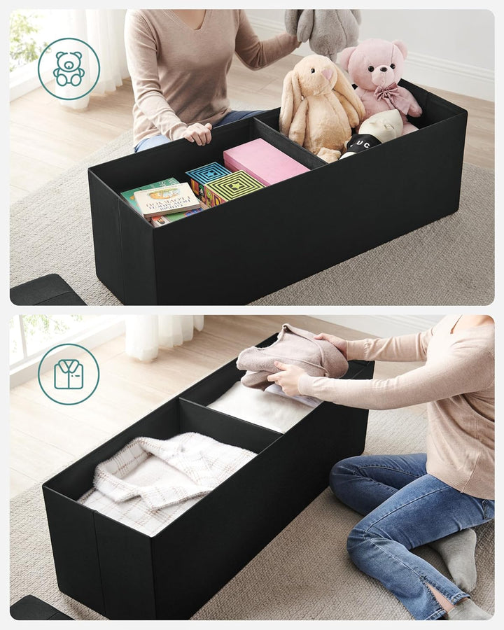 Foldbar opbevaringspuf i blæk sort med opbevaringsrum, mål 38 x 110 x 38 cm, bæreevne op til 300 kg