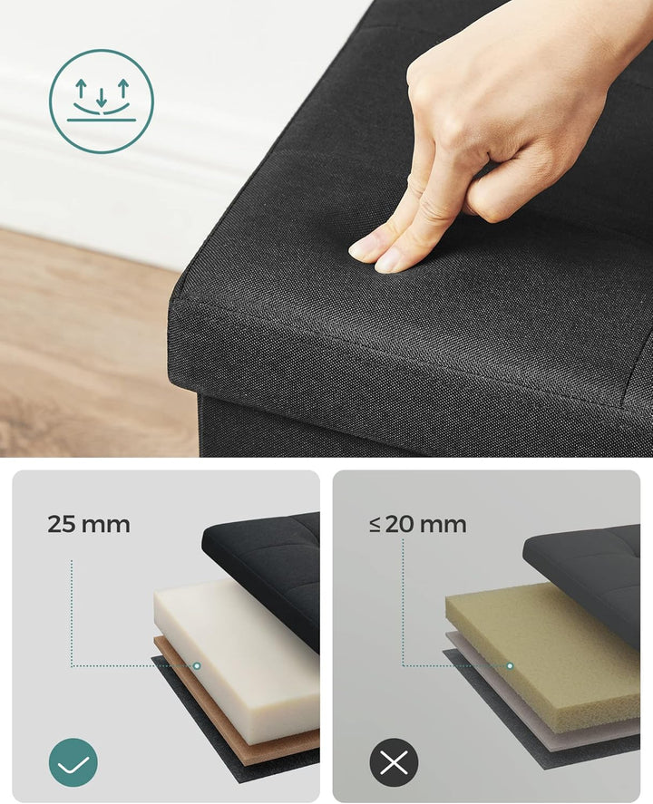 Foldbar opbevaringspuf i blæk sort med opbevaringsrum, mål 38 x 110 x 38 cm, bæreevne op til 300 kg