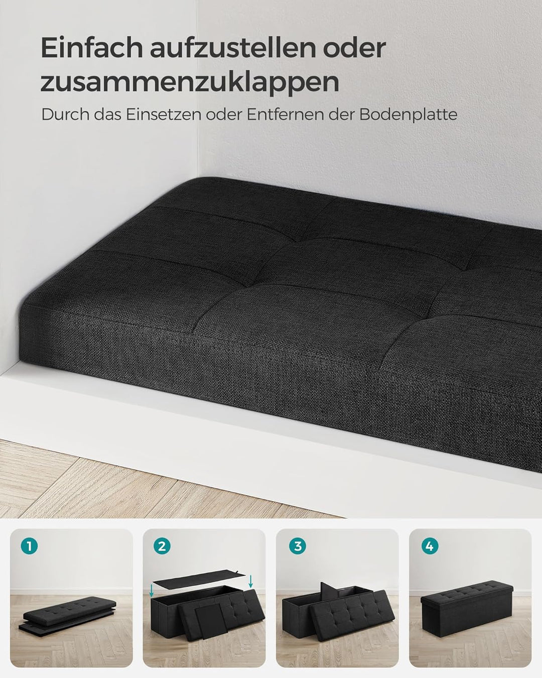 Foldbar opbevaringspuf i blæk sort med opbevaringsrum, mål 38 x 110 x 38 cm, bæreevne op til 300 kg