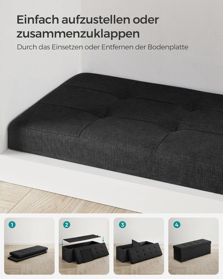 Foldbar opbevaringspuf i blæk sort med opbevaringsrum, mål 38 x 110 x 38 cm, bæreevne op til 300 kg