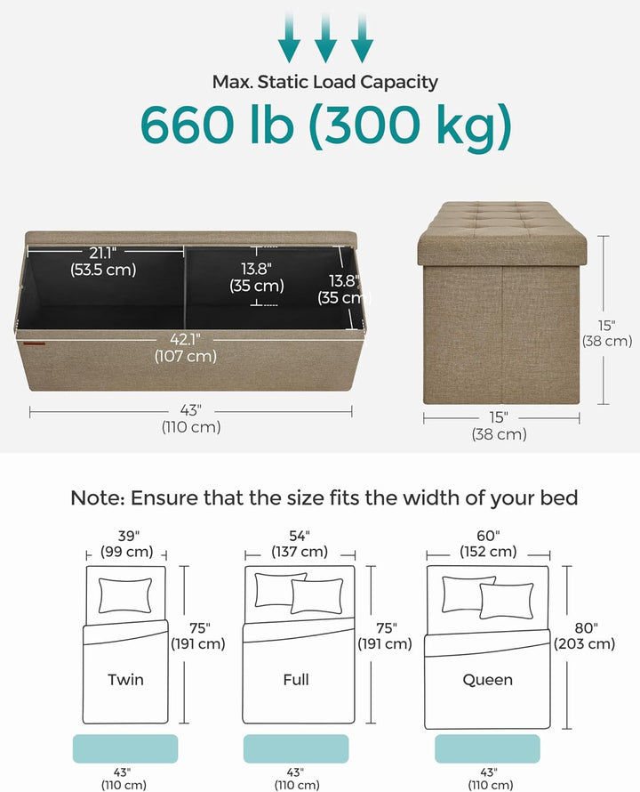 Foldbar opbevaringspuf, brun, 110 x 38 x 38 cm, stor kapacitet og bæreevne op til 300 kg