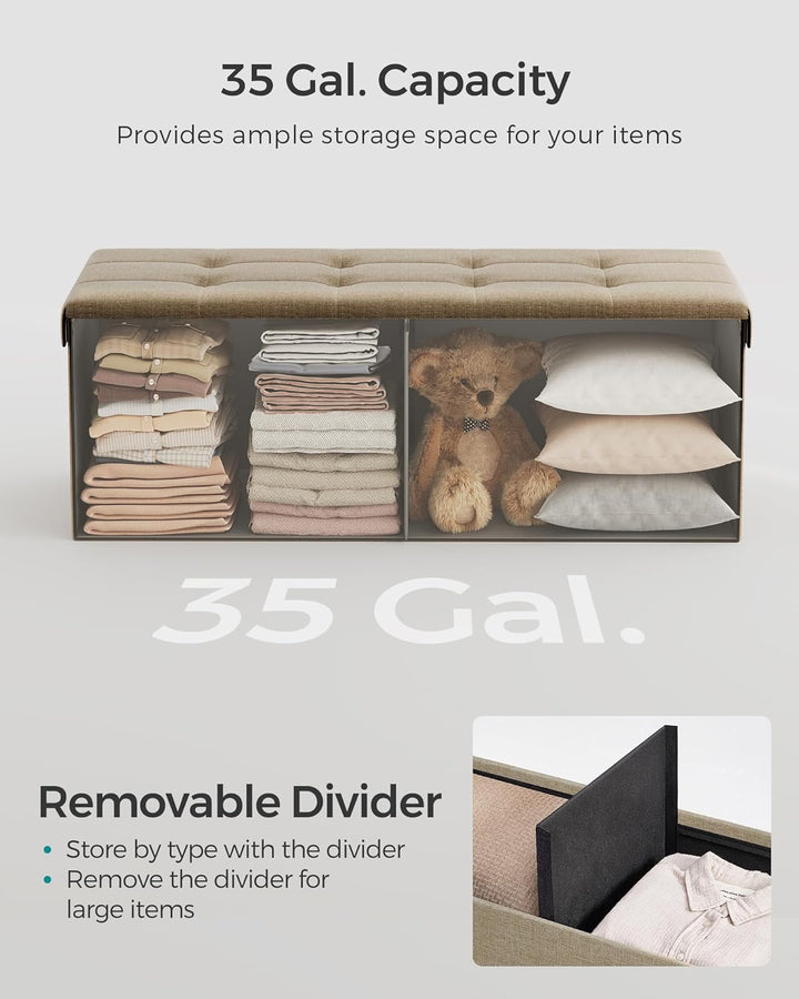 Foldbar opbevaringspuf, brun, 110 x 38 x 38 cm, stor kapacitet og bæreevne op til 300 kg