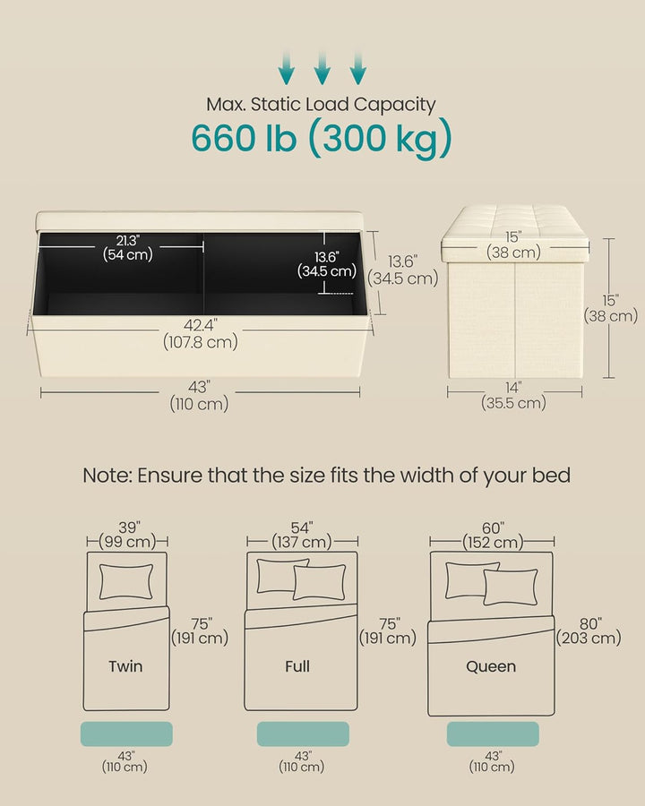 Foldbar opbevaringspuf, cremehvid, 110 x 38 x 38 cm, med stor kapacitet 131 L og bæreevne op til 300 kg