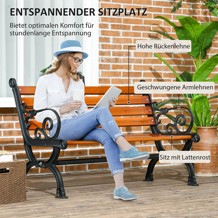 2-personers bænk med dekorative armlæn, til have og terrasse, støbt aluminium + naturtræ, 120 x 64 x 79 cm, teaktræ