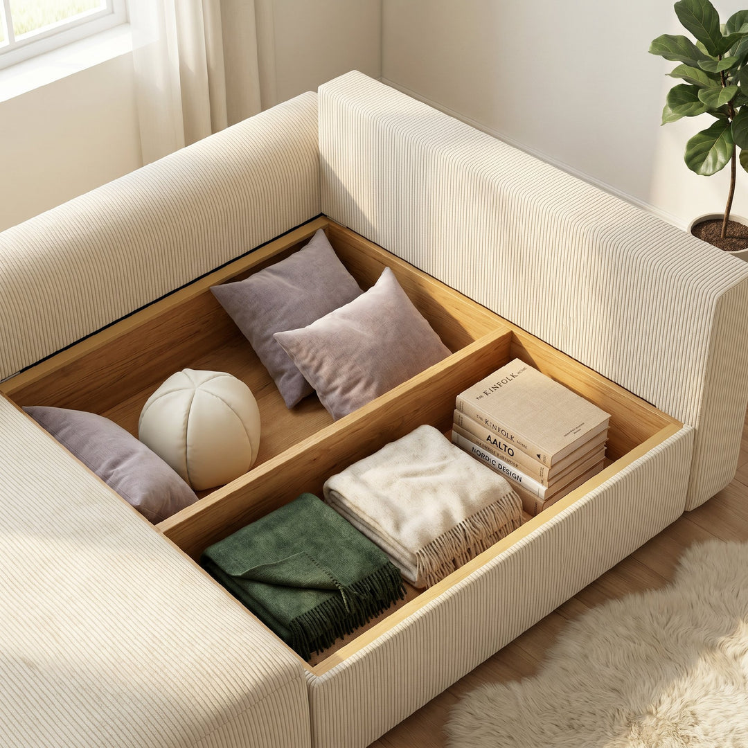 Sovesofa 190x150cm 3-personers sofa med sovefunktion, hynder, opbevaringsplads, corduroy-look til stuen, beige