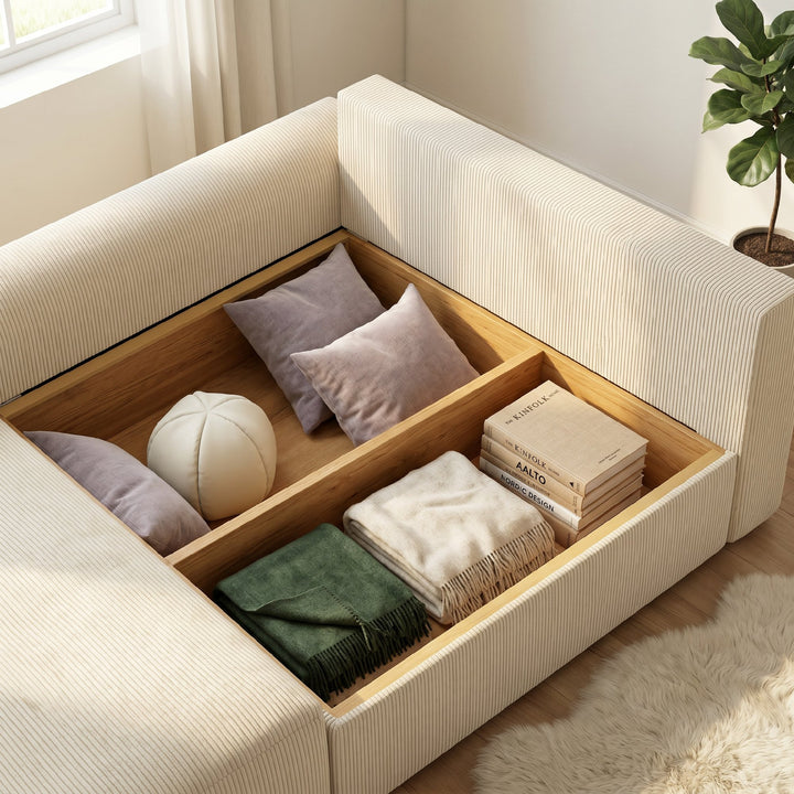 Sovesofa 190x150cm 3-personers sofa med sovefunktion, hynder, opbevaringsplads, corduroy-look til stuen, beige