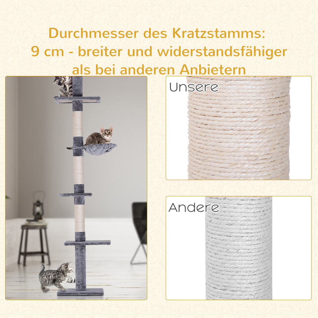 Lofthøjt, højdejusterbart kradsetræ, robust kradsetræ med sisalstolper, klatretræ til katte, gråt, 40 x 34 x 230-260 cm