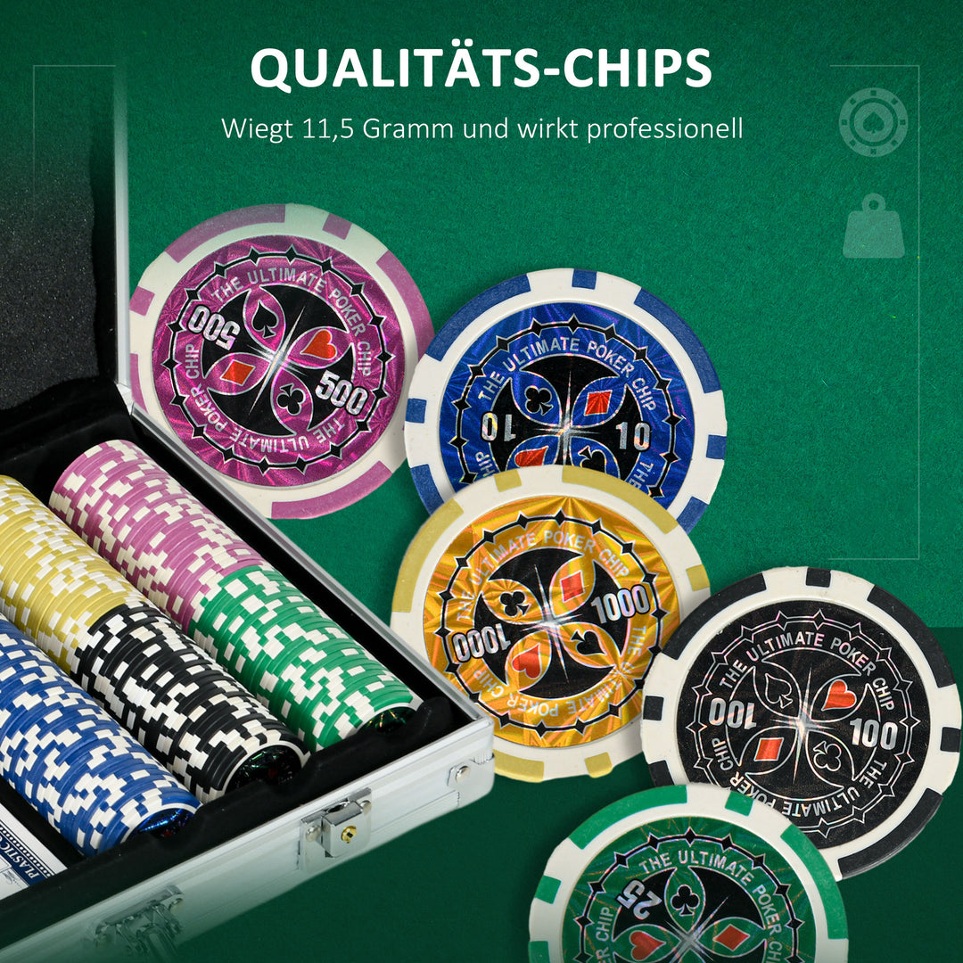 Casinotilbehør og chips pokersæt med chips pokerchipkasse, inklusive base, sæt med 300 chips, 2 sæt kort, 5 terninger
